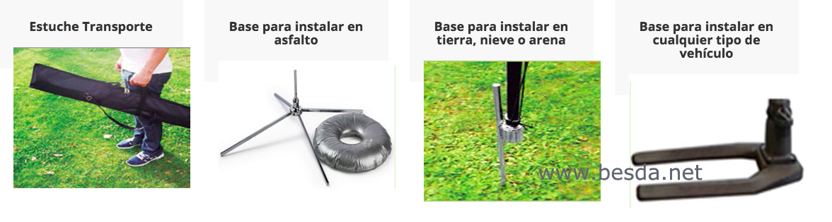 Flag base installation sheet for a Spanish-speaking market: carry bag, cross base with water bag for asphalt, ground spike for soil, snow or sand, and a vehicle base
