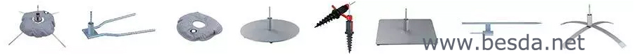 Flag pole base types: water base, cross base, ground spike, plate and car base