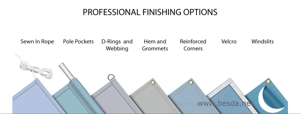 Flag finishing options: sewn rope, pole pockets, D-rings, hem and grommets, reinforced corners