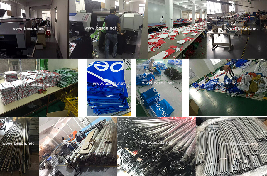 Besda advertising flag production with printing, sewing, pole & base production