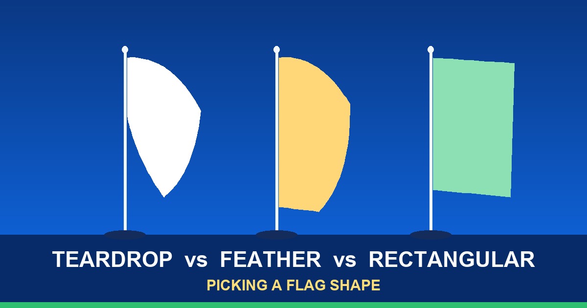 Illustrated cover comparing teardrop, feather and rectangular flag shapes on poles