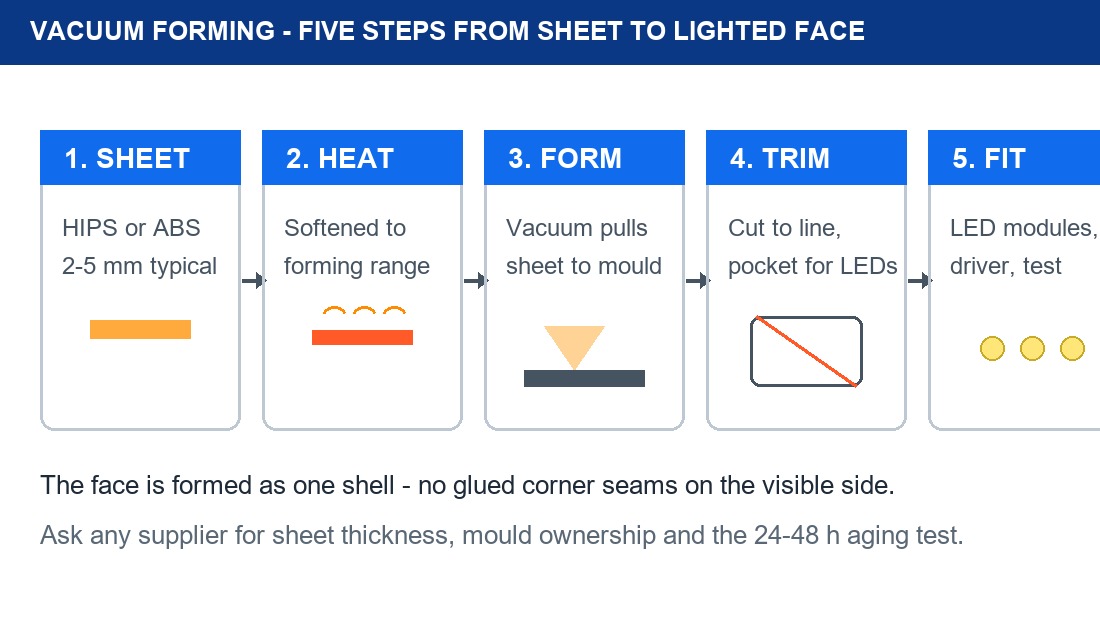 Illustrated diagram of the vacuum forming process in five steps: sheet, heat, form, trim and LED fit